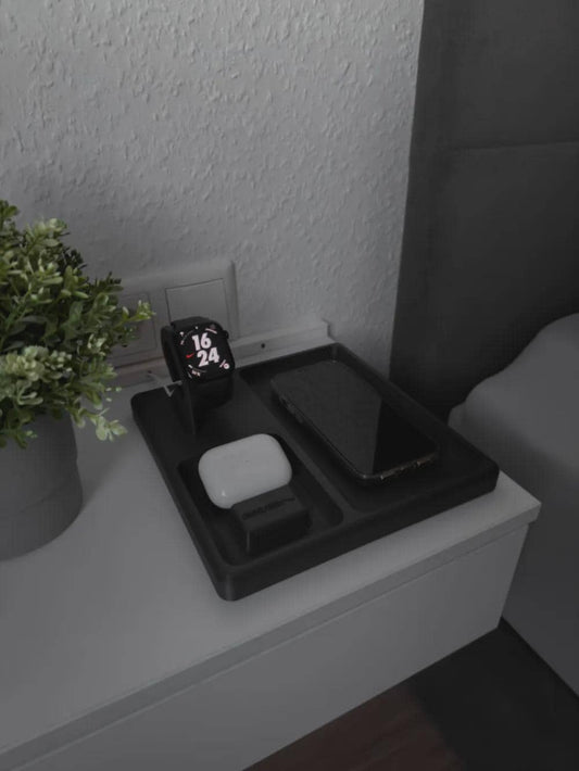 3-in-1 Wireless Charging Station Tray | Phone Watch Earbuds Organizer | Nightstand Charging Dock | Hidden Cable Design | Black