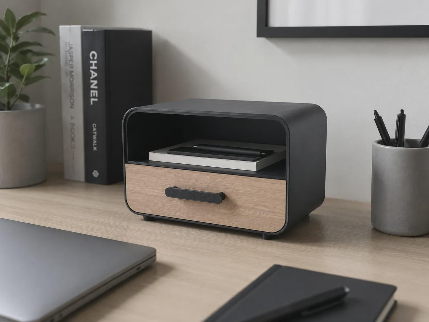 Modern Desk Drawer Organizer | Minimalist Wood & 3D Printed Storage Box | Desktop Storage for Office, Pens, Cables