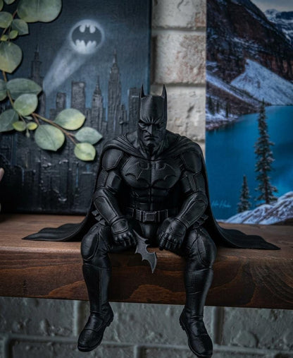 Sitting Figurine Dark Knight Edge Sitter | Dark Knight Shelf Figurine | Superhero Desk Toy, Gaming Setup Decor, Gift for DC Fan