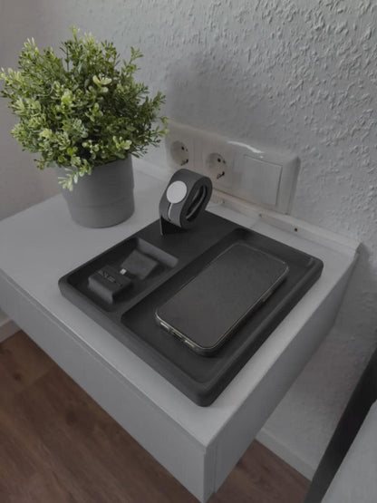 3-in-1 Wireless Charging Station Tray | Phone Watch Earbuds Organizer | Nightstand Charging Dock | Hidden Cable Design | Black