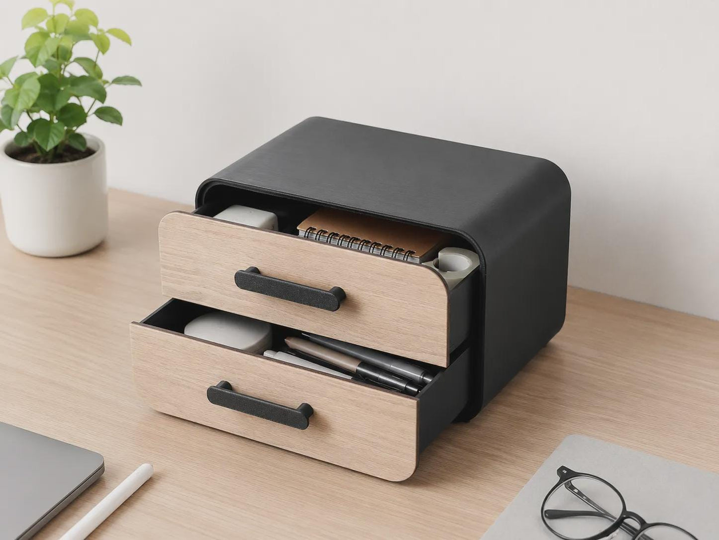Modern Desk Drawer Organizer | Minimalist Wood & 3D Printed Storage Box | Desktop Storage for Office, Pens, Cables