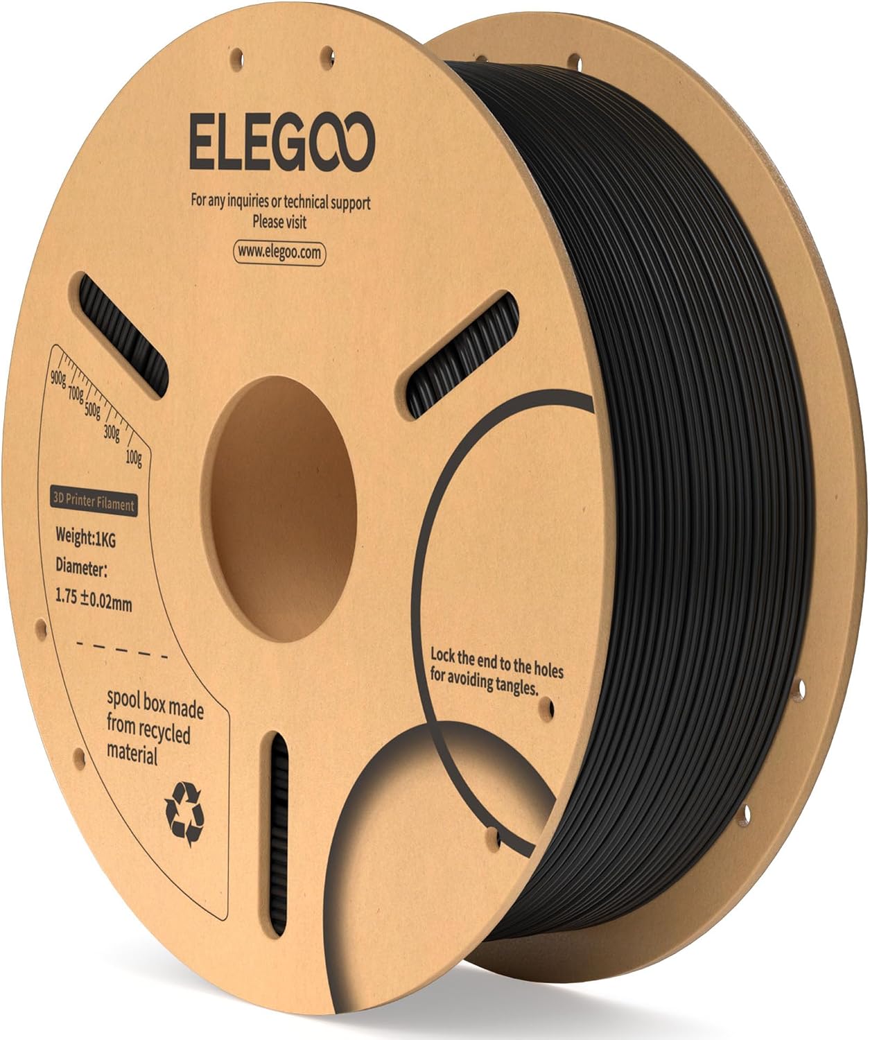 ELEGOO Filament PLA noir de 1,75 mm, 1 kg, précision dimensionnelle +/- 0,02 mm, bobine de carton de 1 kg, filament d’impression 3D compatible avec la plupart des imprimantes 3D FDM