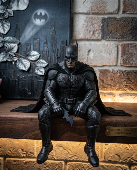Sitting Figurine Dark Knight Edge Sitter | Dark Knight Shelf Figurine | Superhero Desk Toy, Gaming Setup Decor, Gift for DC Fan