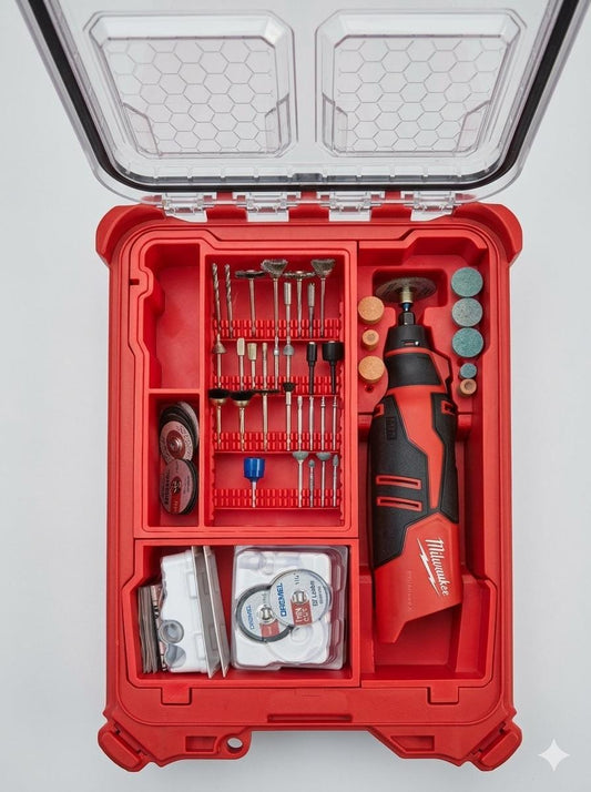 Milwaukee M12 Rotary Tool Kit with Dremel Accessories - Grinder Set, Custom Tool Organizer Case - Optional Milwaukee Packout Integration