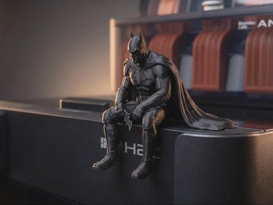 Dark Vigilante Sitting Figurine | Caped Hero Edge Sitter | Superhero Desk Toy, Gaming Setup Decor, Shelf Statue Gift